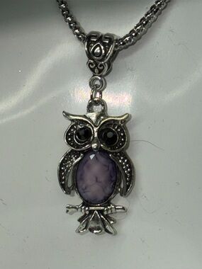 Silver Tone Owl Pendant Necklace with Purple Center
